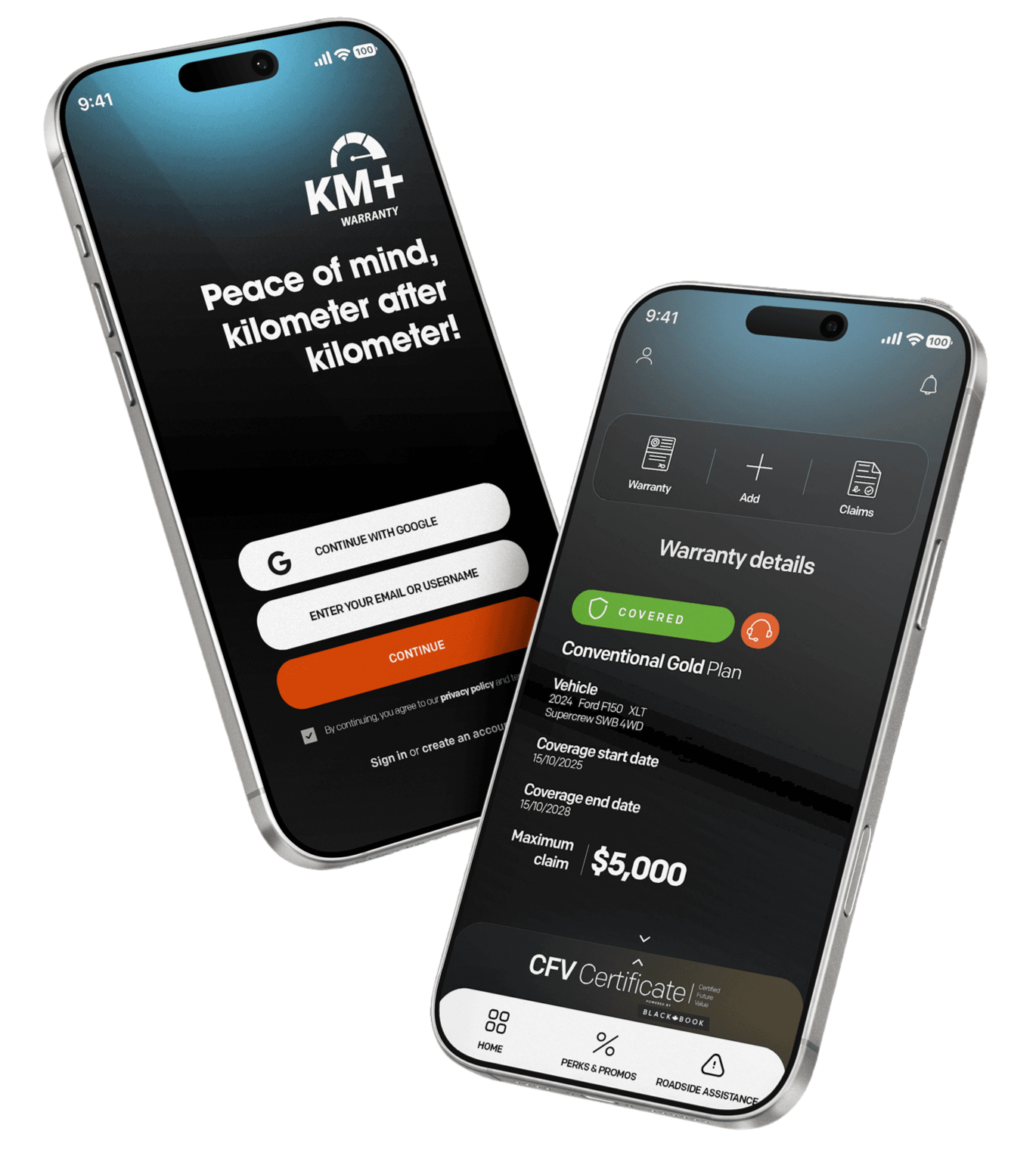 Deux téléphones présentant l’application mobile KM+
